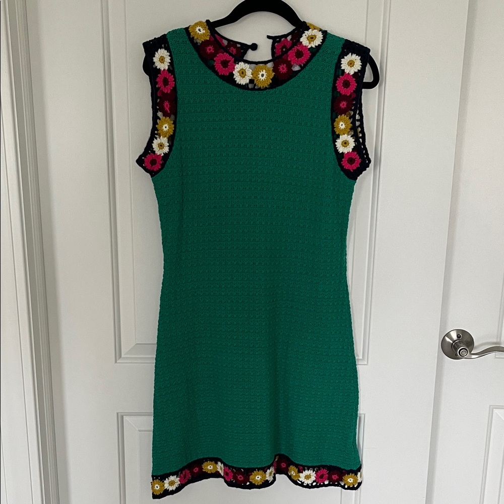 Green Floral-Trim Sleeveless Dress